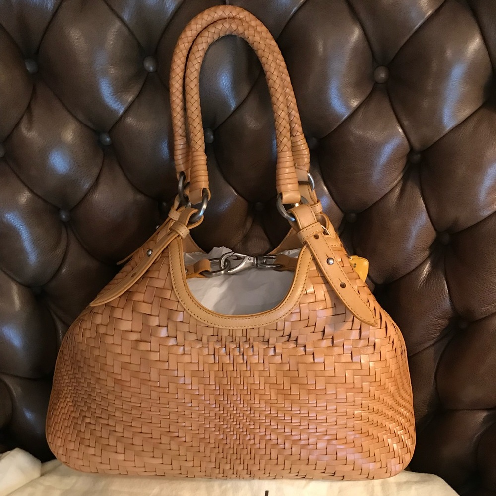 Cole Haan Handbag Genevieve Gold Yellow Woven Leather Triangle Tote Hobo Large
